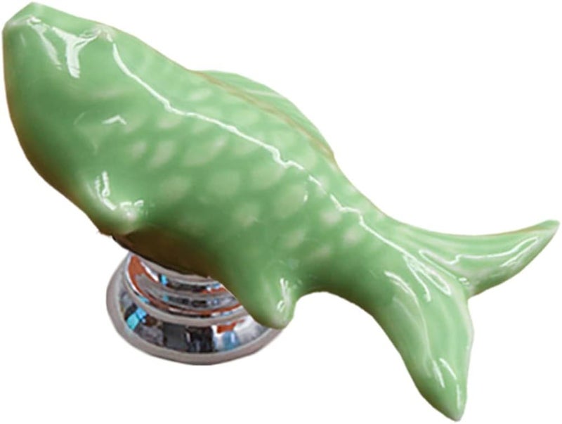 ESreake 10Pcs Fish Shape Ceramic Kids Drawer Knobs, Cute Cartoon Animal Cabinet Knobs with 3 Kinds Screws, Candy Color Baby Boys Girls Knobs Handles Pulls for Drawer Dresser Bookcase (10, Fish-Green) - Image 1
